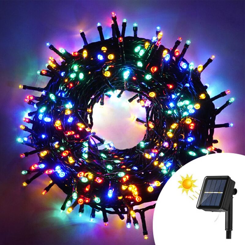 foto del prodotto catena di luci 14 metri da 200 led multicolore con pannello solare con cavo verde wisdom