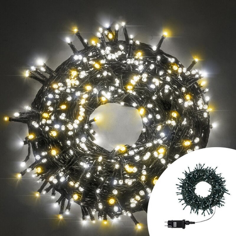 foto del prodotto catena di luci 15 metri da 300 led bianco freddo e bianco caldo con cavo verde wisdom