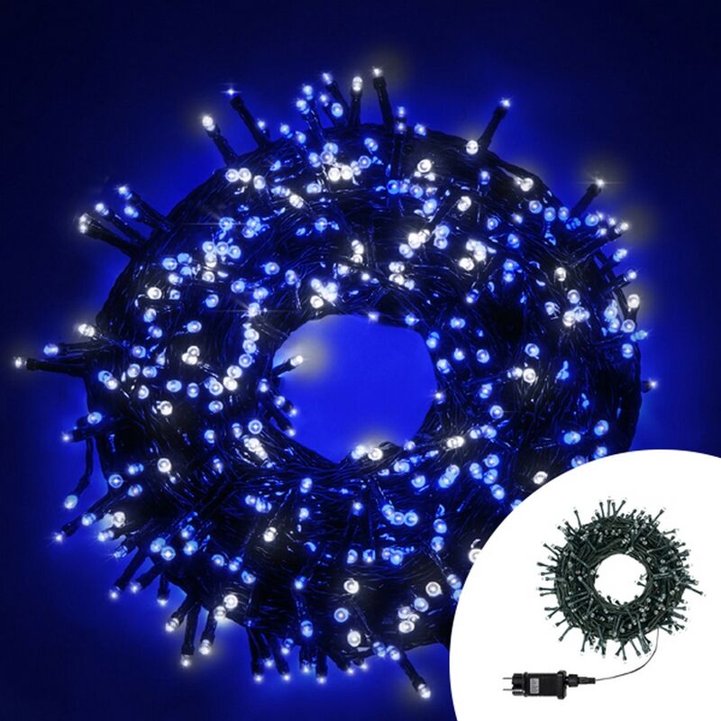 foto del prodotto catena di luci 15 metri da 300 led bianco freddo e blu con cavo verde wisdom