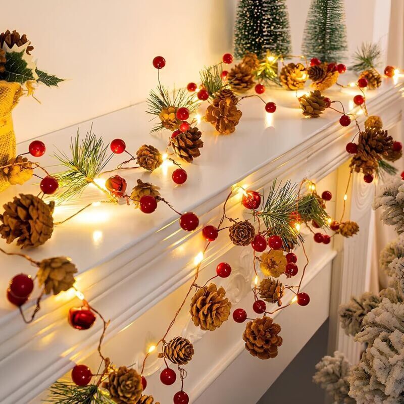 foto del prodotto catena di luci a forma di pigna, 2 m, 20 led, luci a forma di pigna, ghirlanda natalizia con luci rosse e pigne, a batteria, decorazione natalizia