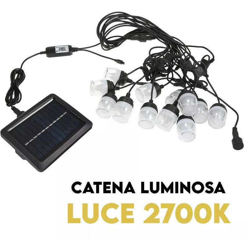 foto del prodotto catena di luci ad energia solare per esterni giardino, sfere di cristallo 12 lampadine, 12 metri cordoniera con pannello solare, impermeabile ip65,