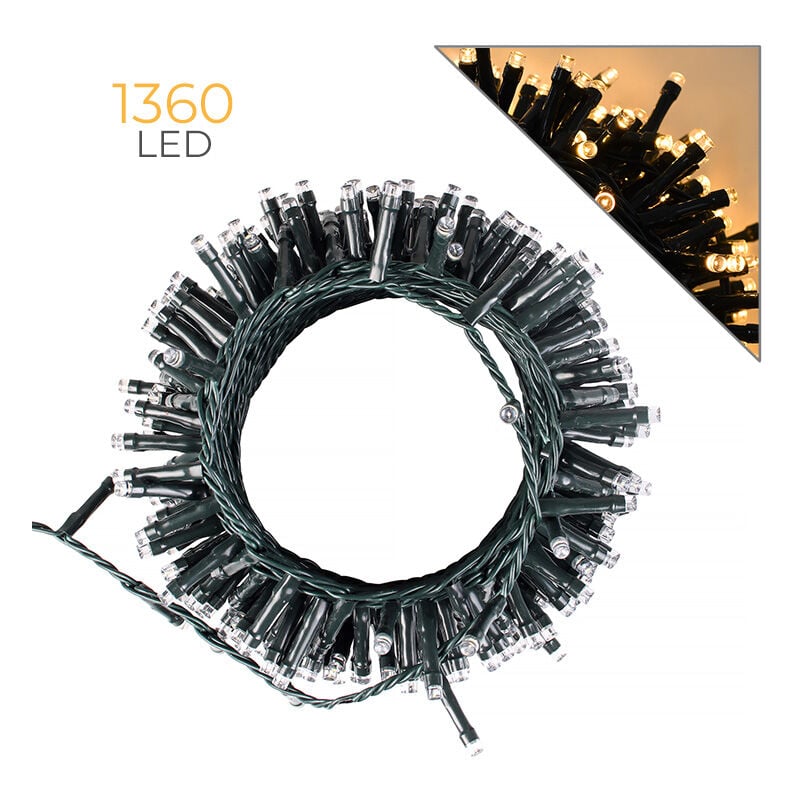 foto del prodotto catena di luci cluster da 1360 led gialli con cavo verde e trasformatore 36v perfetta per eventi e feste