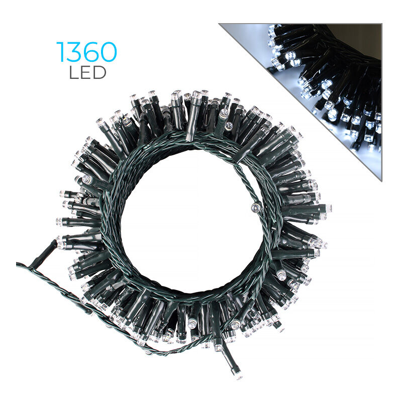 foto del prodotto catena di luci da 1360 led bianchi con cavo verde e trasformatore 36v ideale per decorazioni interne ed esterne