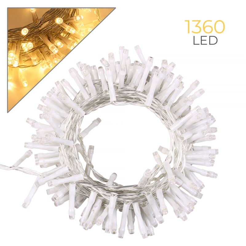 foto del prodotto catena di luci di natale da 1360 led gialli con cavo trasparente e trasformatore 36v perfetta per eventi e feste
