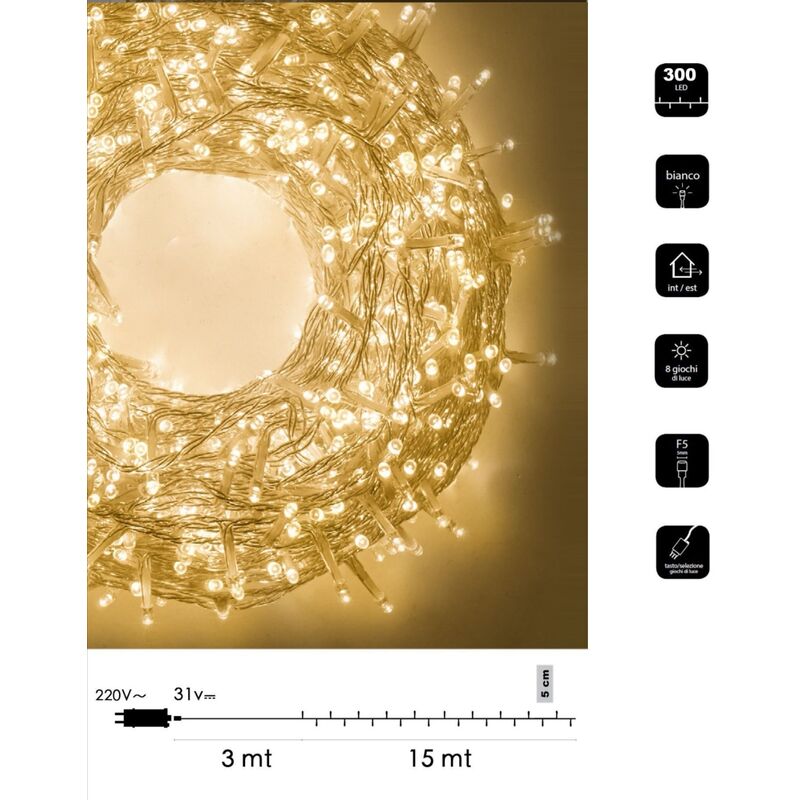 foto del prodotto catena di luci gialle 300 led 31v con cavo trasparente da 15 metri illuminazione versatile per decorazioni natalizie