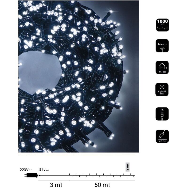 foto del prodotto catena di luci natale 1000 led serie luminosa natalizie per esterno interno albero feste cavo verde decorativa bianco freddo