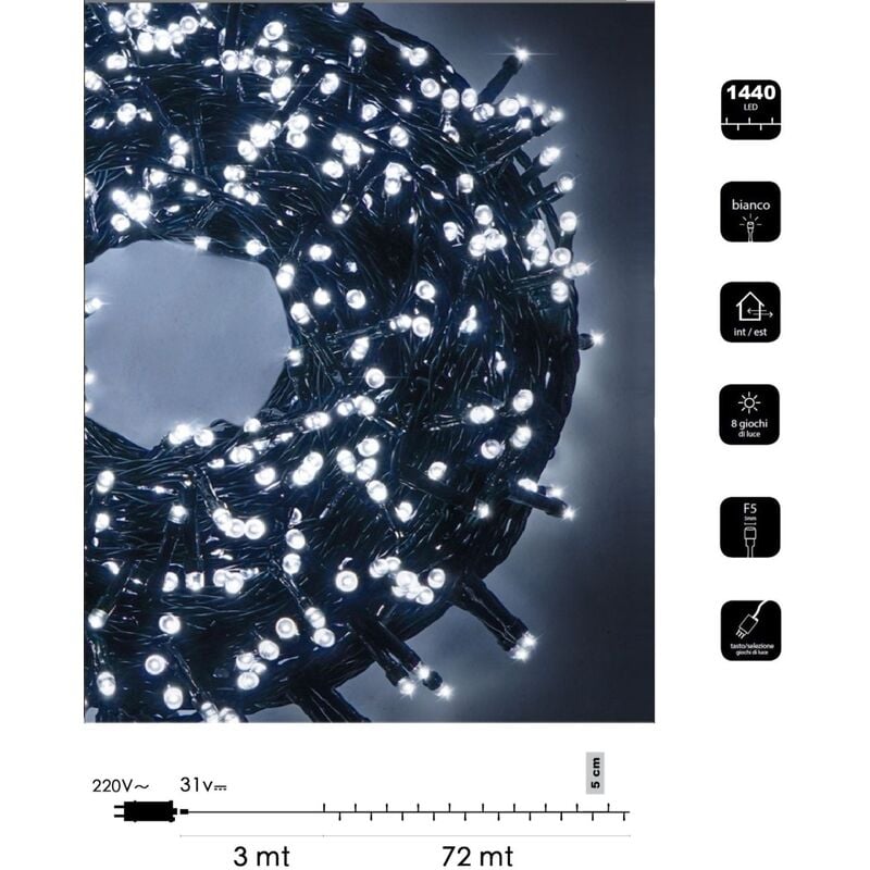 foto del prodotto catena di luci natale 1440 led serie luminosa natalizie per esterno interno albero feste cavo verde decorativa bianco freddo