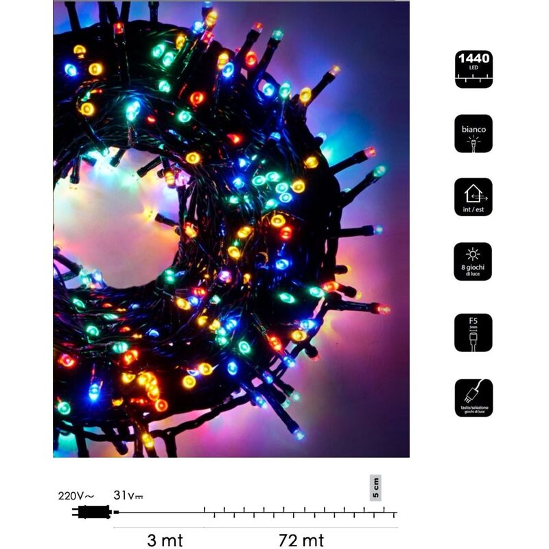 foto del prodotto catena di luci natale 1440 led serie luminosa natalizie per esterno interno albero feste cavo verde decorativa multicolore