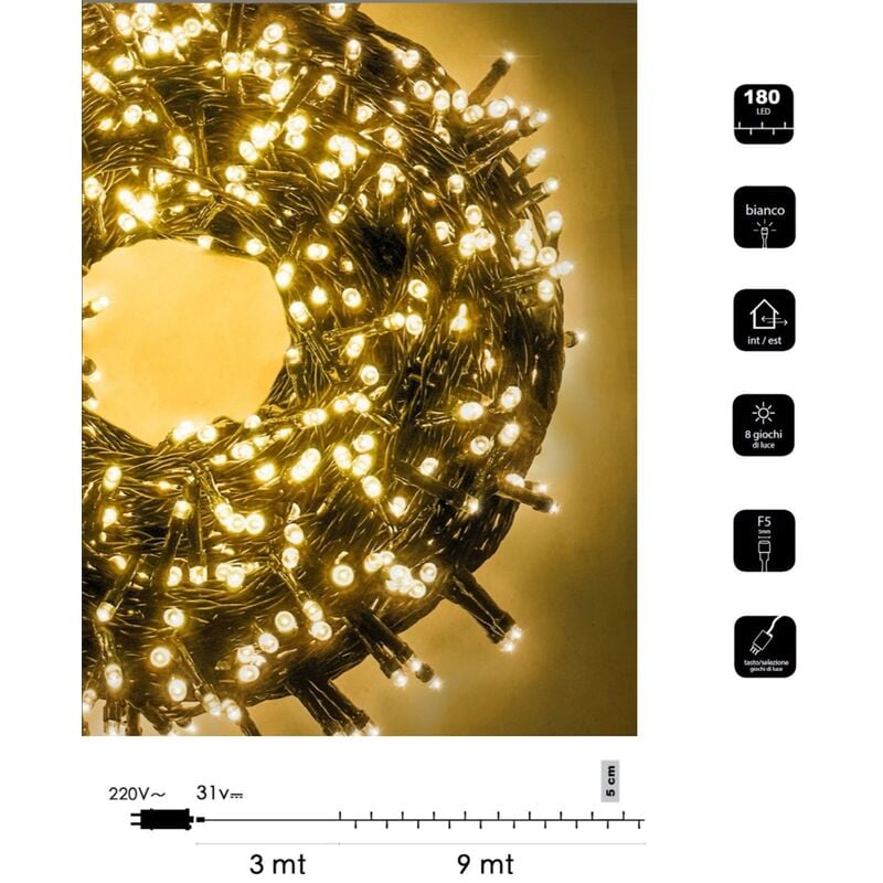 foto del prodotto catena di luci natale 180 led serie luminosa natalizie cavo verde per esterno interno albero feste decorativa calda