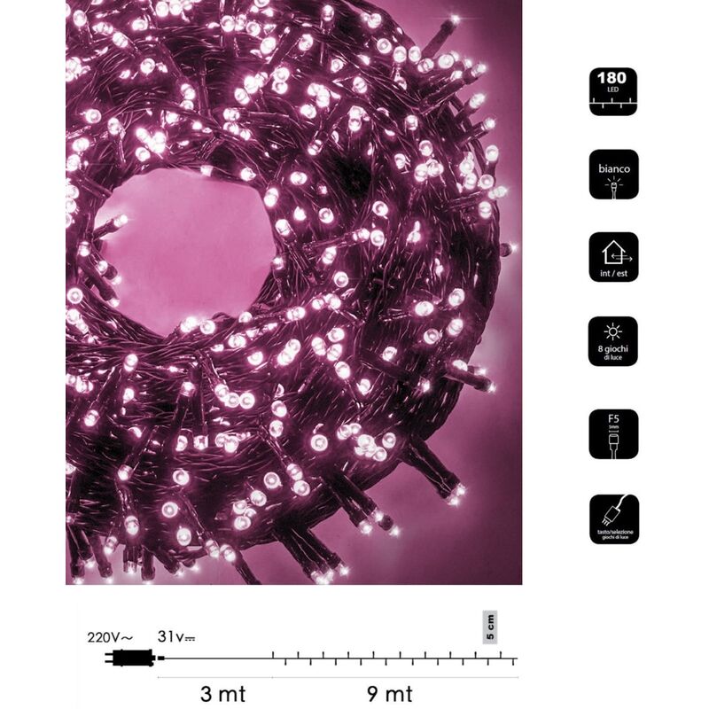 foto del prodotto catena di luci natale 180 led serie luminosa natalizie cavo verde per esterno interno albero feste decorativa rosa
