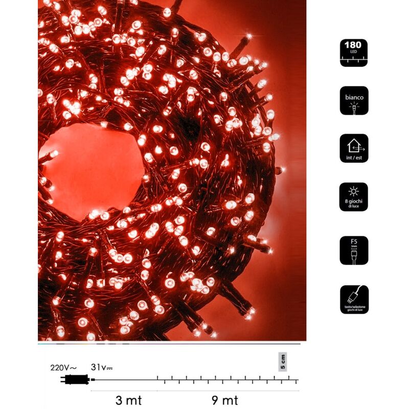 foto del prodotto catena di luci natale 180 led serie luminosa natalizie cavo verde per esterno interno albero feste decorativa rosso