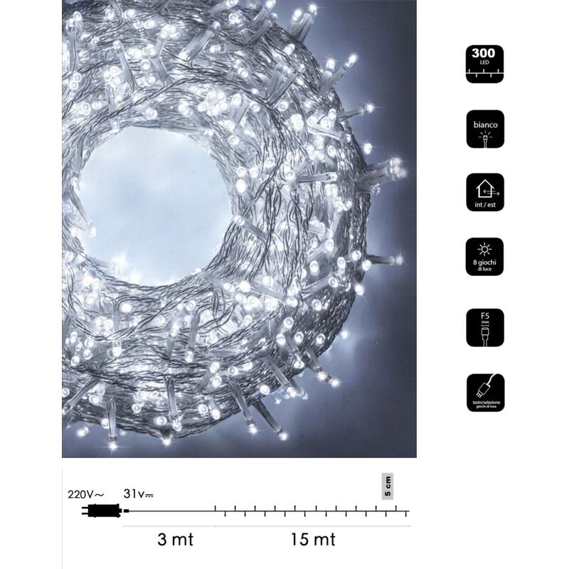 foto del prodotto catena di luci natale 300 led cavo trasparente serie luminosa natalizie per esterno interno albero feste decorativa bianco freddo