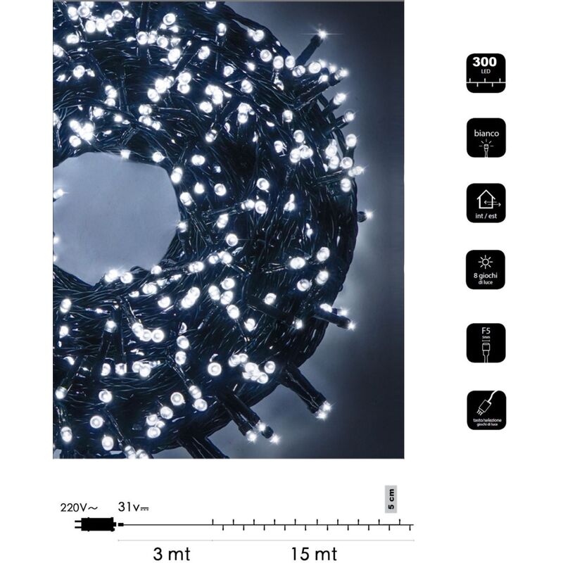 foto del prodotto catena di luci natale 300 led serie luminosa natalizie per esterno interno albero feste cavo verde decorativa bianco freddo