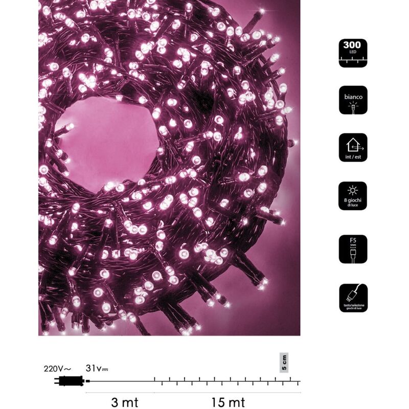foto del prodotto catena di luci natale 300 led serie luminosa natalizie per esterno interno albero feste cavo verde decorativa rosa