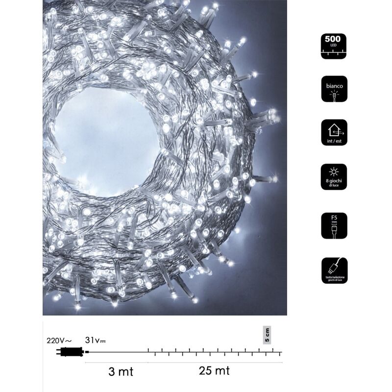 foto del prodotto catena di luci natale 500 led cavo trasparente serie luminosa natalizie per esterno interno albero feste decorativa bianco freddo