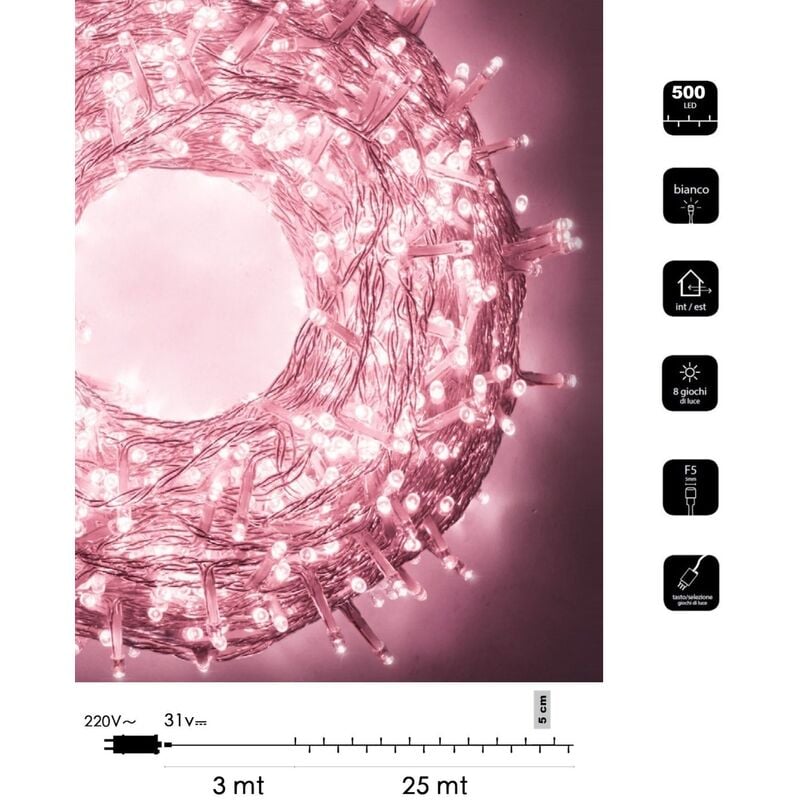 foto del prodotto catena di luci natale 500 led cavo trasparente serie luminosa natalizie per esterno interno albero feste decorativa rosa