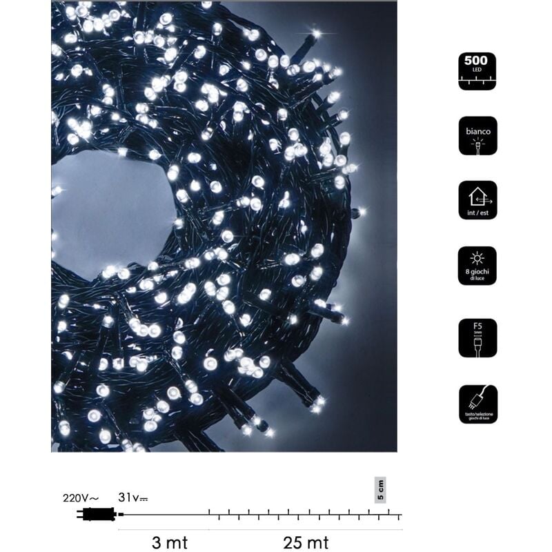 foto del prodotto catena di luci natale 500 led serie luminosa natalizie per esterno interno albero feste cavo verde decorativa bianco freddo