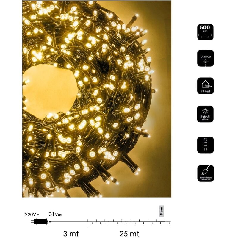 foto del prodotto catena di luci natale 500 led serie luminosa natalizie per esterno interno albero feste cavo verde decorativa calda