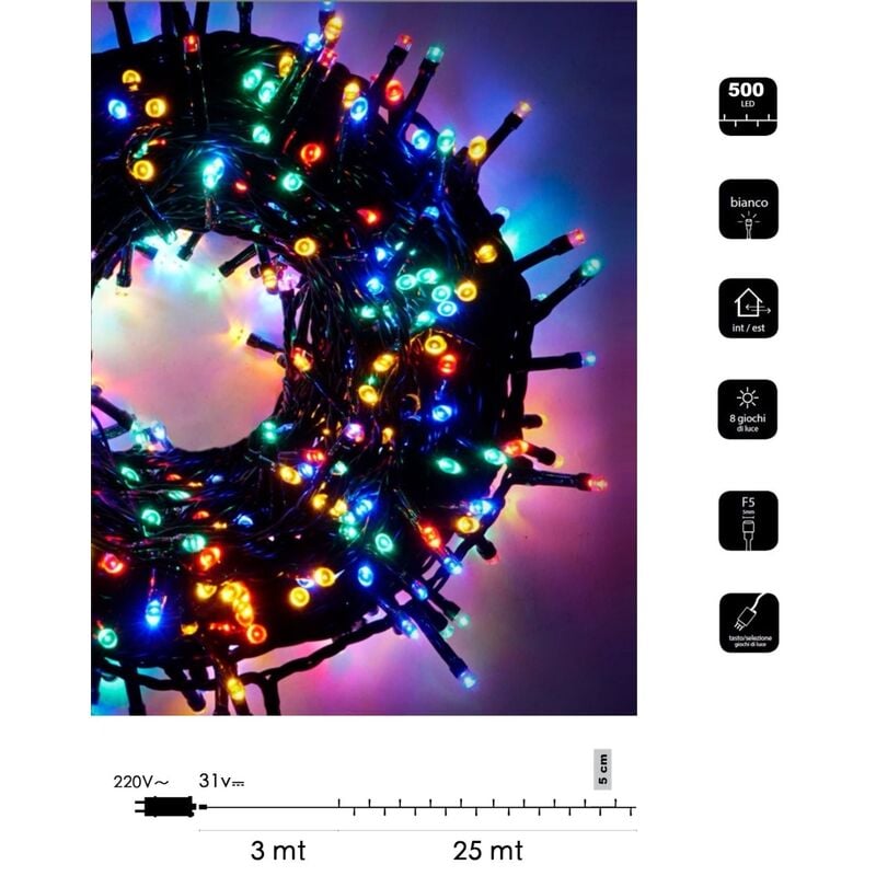 foto del prodotto catena di luci natale 500 led serie luminosa natalizie per esterno interno albero feste cavo verde decorativa multicolore