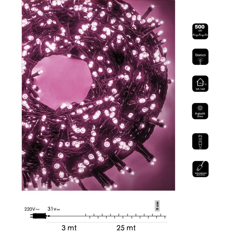 foto del prodotto catena di luci natale 500 led serie luminosa natalizie per esterno interno albero feste cavo verde decorativa rosa