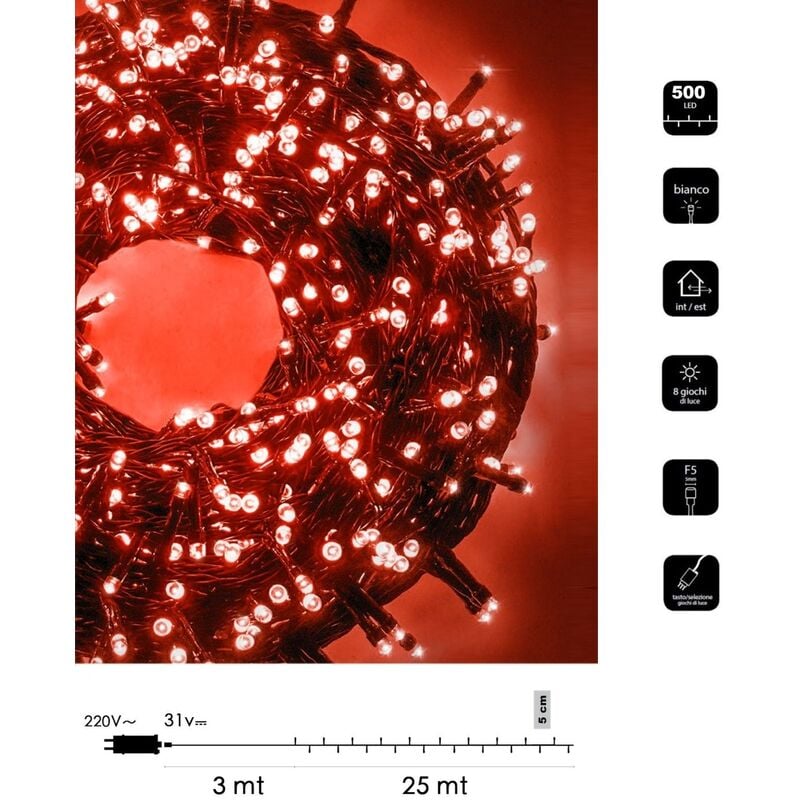 foto del prodotto catena di luci natale 500 led serie luminosa natalizie per esterno interno albero feste cavo verde decorativa rosso