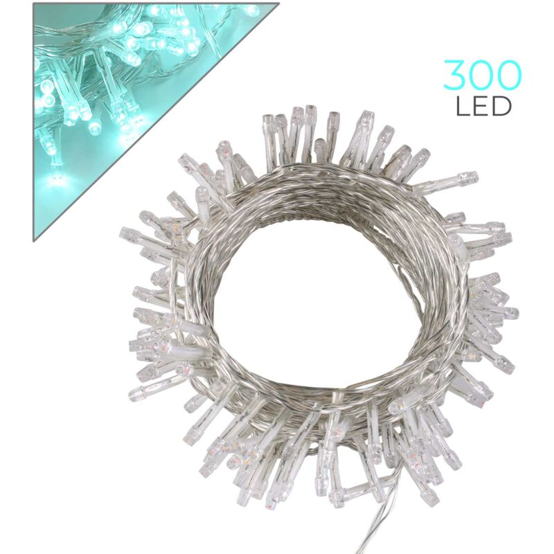 foto del prodotto catena led da 300 luci verde acqua 15 metri cavo trasparente perfetta per case giardini vetrine e gazebi