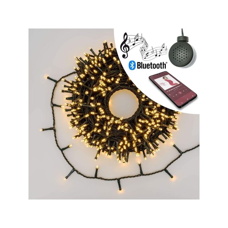 foto del prodotto catena luci 600 led bianco caldo con speaker musica bluetooth controller 34,5 mt