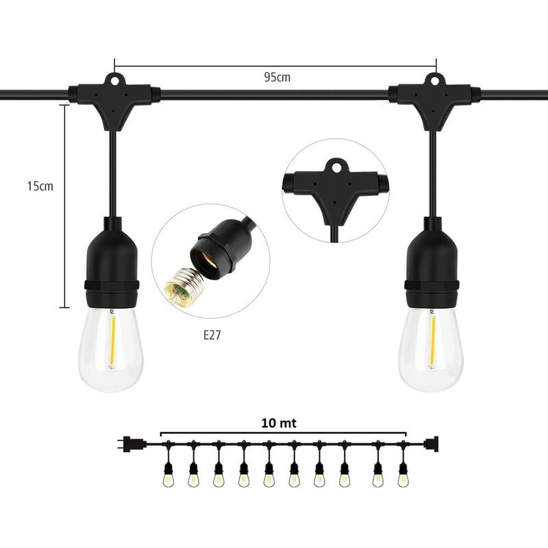 foto del prodotto catena luci e27 da esterno portalampada 10 mt giardino impermeabile prolungabile nero