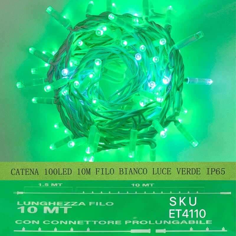 foto del prodotto catena luminosa 100 led 10 metri filo bianco luce verde ip65 et4110