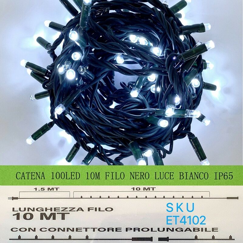 foto del prodotto catena luminosa 100 led 10 metri filo nero luce bianco ip65 et4102