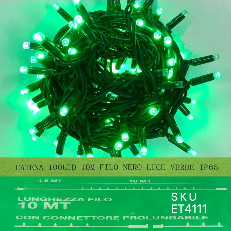 foto del prodotto catena luminosa 100 led 10 metri filo nero luce verde ip65 et4111