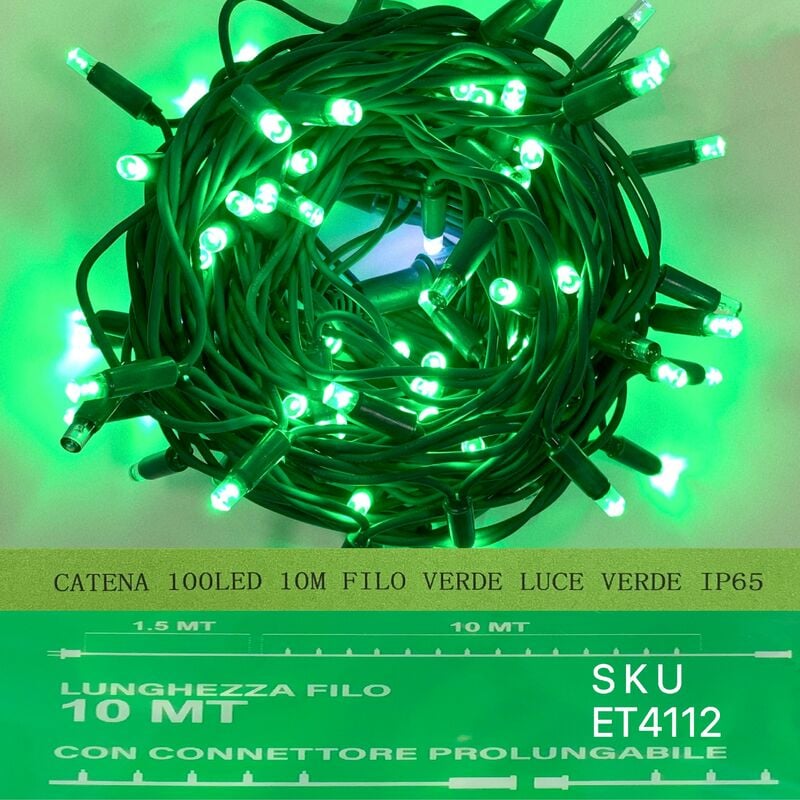 foto del prodotto catena luminosa 100 led 10 metri filo verde luce verde ip65 et4112