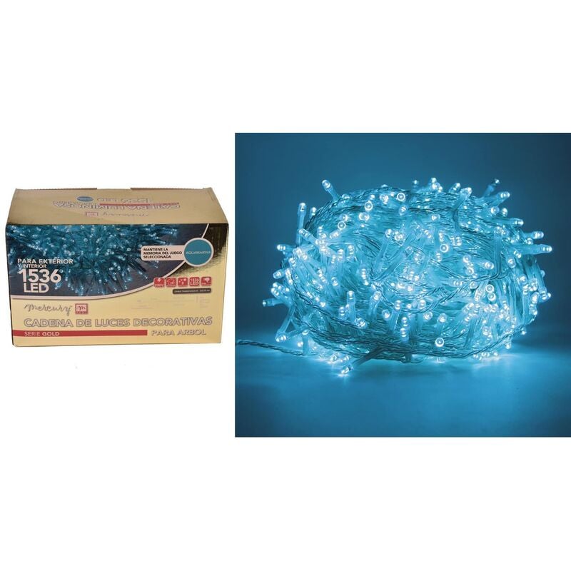 foto del prodotto catena luminosa 1536 led acquamarina interno esterno 30,7mt cavo trasparente luci albero natale mercury serie gold