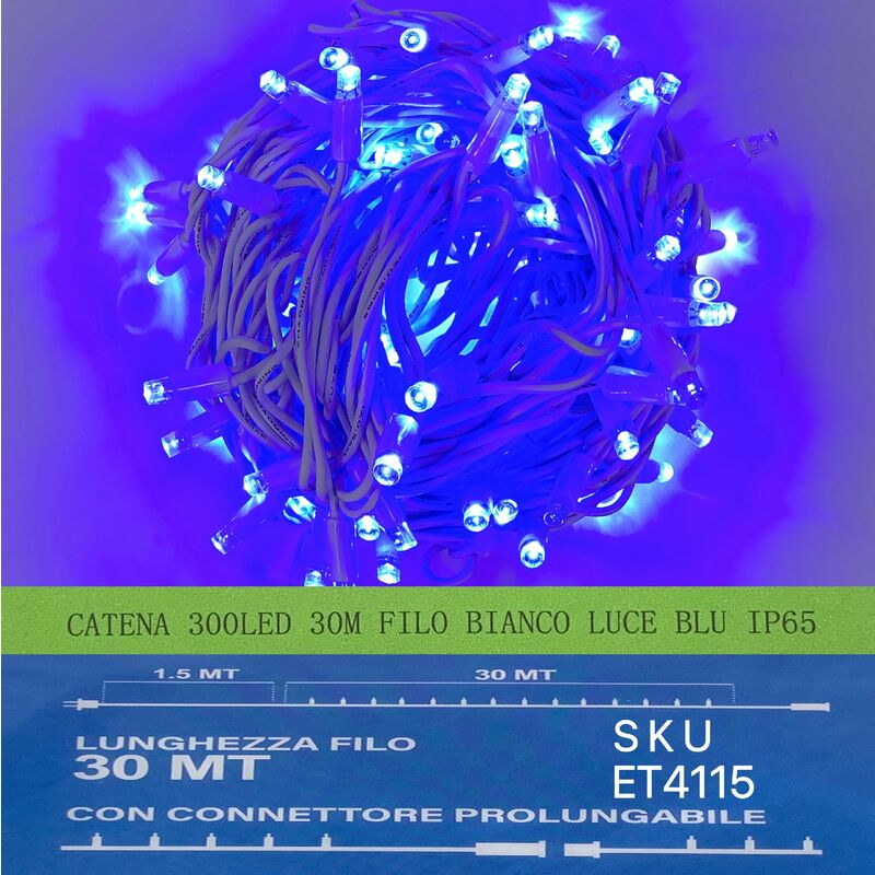 foto del prodotto catena luminosa 300 led 30 metri filo bianco luce blu ip65 et4115