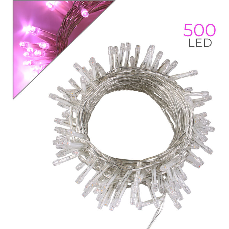 foto del prodotto catena luminosa 500 led rosa cavo trasparente da 25 metri con trasformatore 31v ideale per casa giardini e vetrine