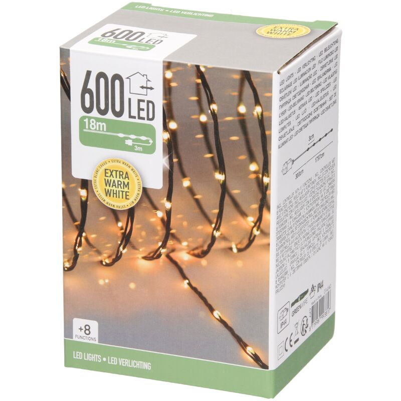 foto del prodotto catena luminosa a 600 micro led 18 m bianco extra caldo 8 funzioni alimentazione a corrente ip44 impermeabile per interni esterni luci decorazione
