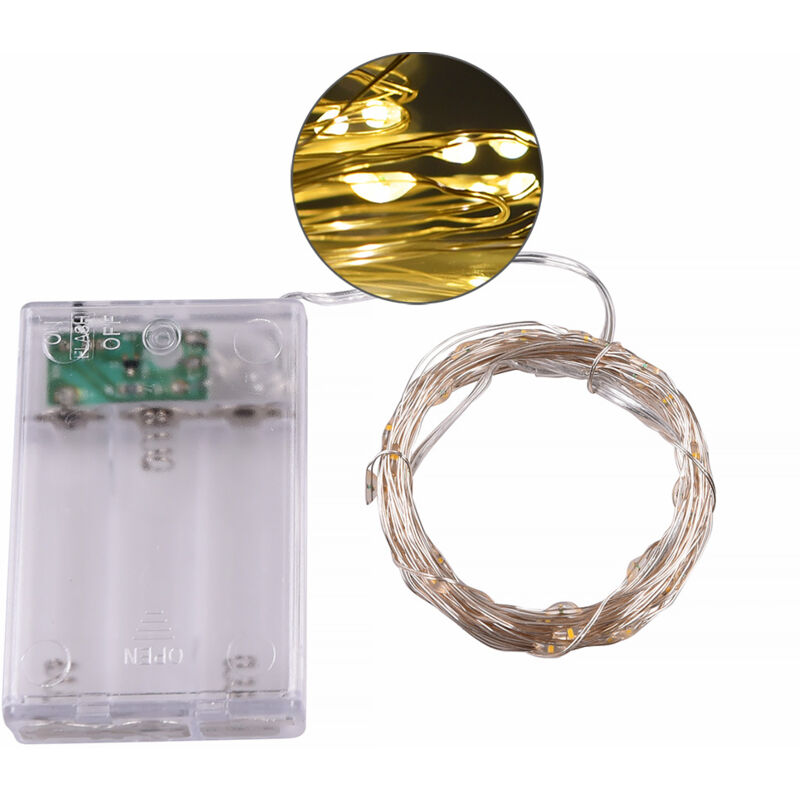foto del prodotto catena luminosa a batteria 5 metri con 50 microled caldi cavo silver in metallo flessibile ideale per decorazioni natalizie matrimoni feste e