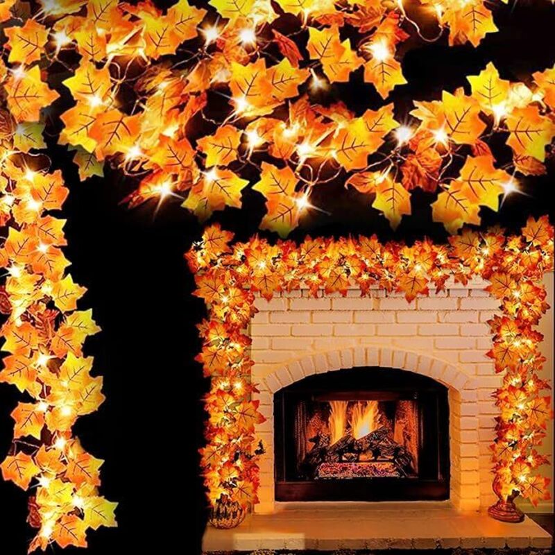 foto del prodotto catena luminosa a forma di foglia d acero da 50 led, 5 m, confezione da 2, a batteria, ideale per il ringraziamento e halloween, ideale per la