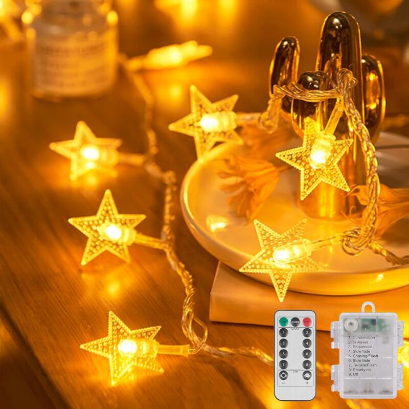 foto del prodotto catena luminosa a forma di stella, 6 m, 40 luci led con telecomando, alimentate a batteria, decorazione per interni ed esterni per matrimoni e feste