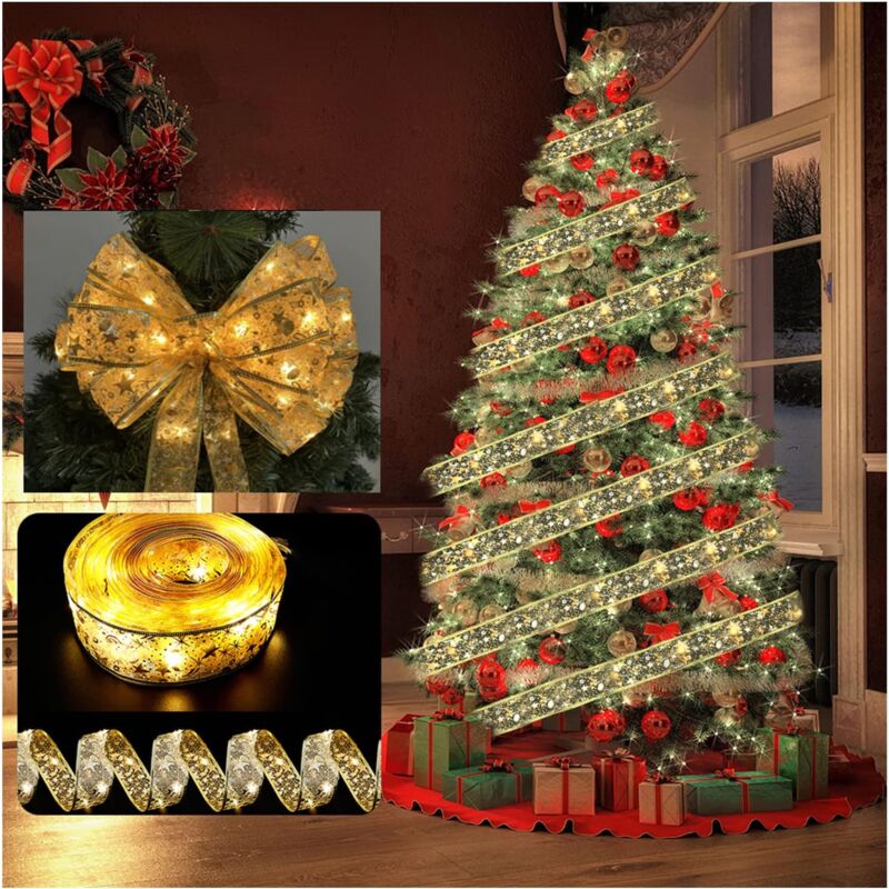 foto del prodotto catena luminosa a led con nastro di raso per decorazioni natalizie, 5 metri, 50 luci, tre scatole portabatterie con flash, nastro dorato con luce