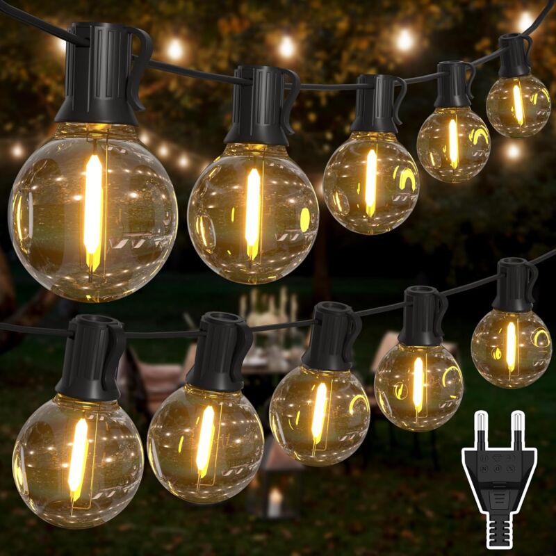 foto del prodotto catena luminosa da esterno da 30 m, con 50 2 lampadine led g40, ip45 impermeabile, catena luminosa da esterno bianco caldo per patio, matrimonio,