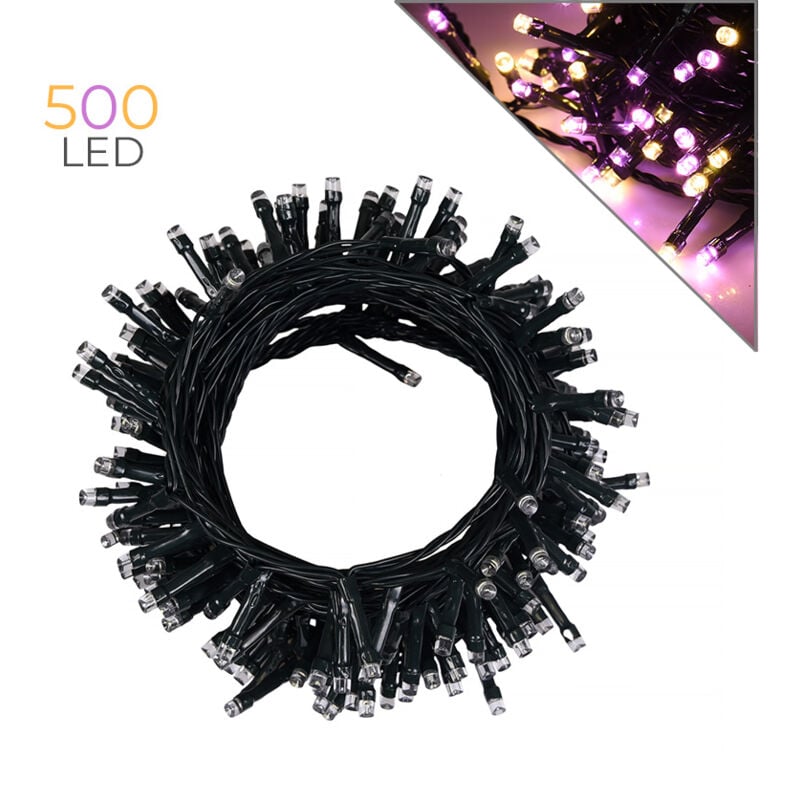 foto del prodotto catena luminosa di natale a 500 led rosa e gialla filo verde da 25 metri trasformatore a bassa tensione per interni ed esterni