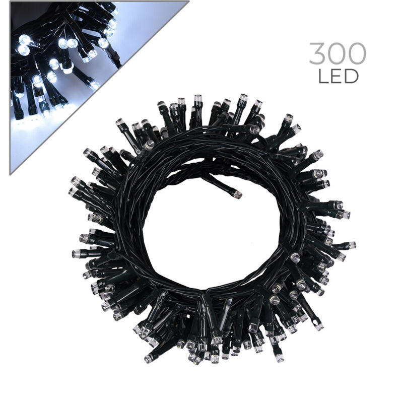 foto del prodotto catena luminosa led 300 luci bianche da 15m per interni ed esterni cavo verde con controller 8 funzioni e trasformatore 31v