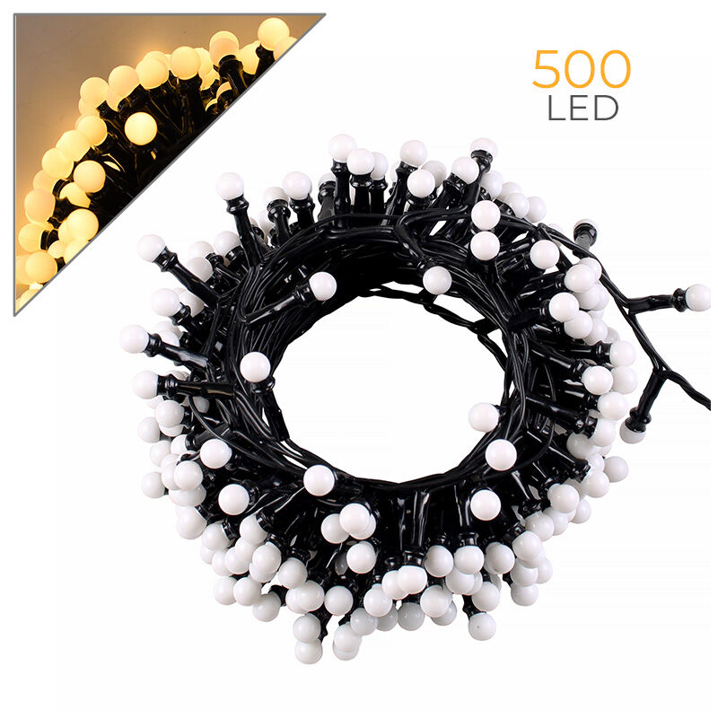 foto del prodotto catena luminosa led a sfera 500 luci gialle su cavo nero da 10 metri perfetta per decorazioni interne ed esterne