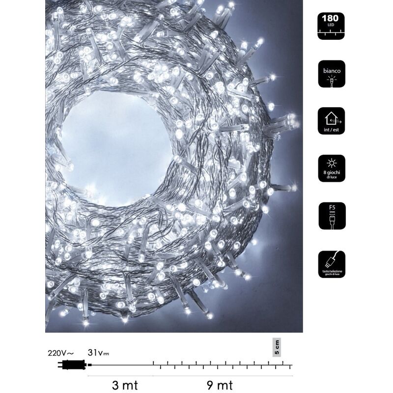 foto del prodotto catena luminosa led natale 180 led 9 mt cavo trasparente serie luminosa natalizie per esterno interno albero feste bianco freddo
