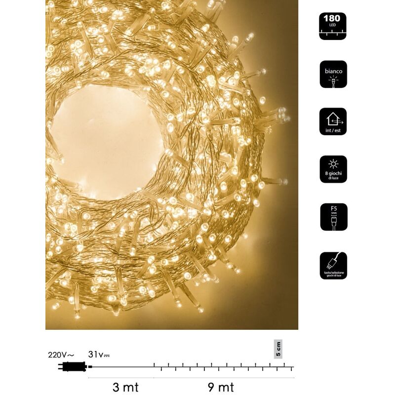 foto del prodotto catena luminosa led natale 180 led 9 mt cavo trasparente serie luminosa natalizie per esterno interno albero feste calda