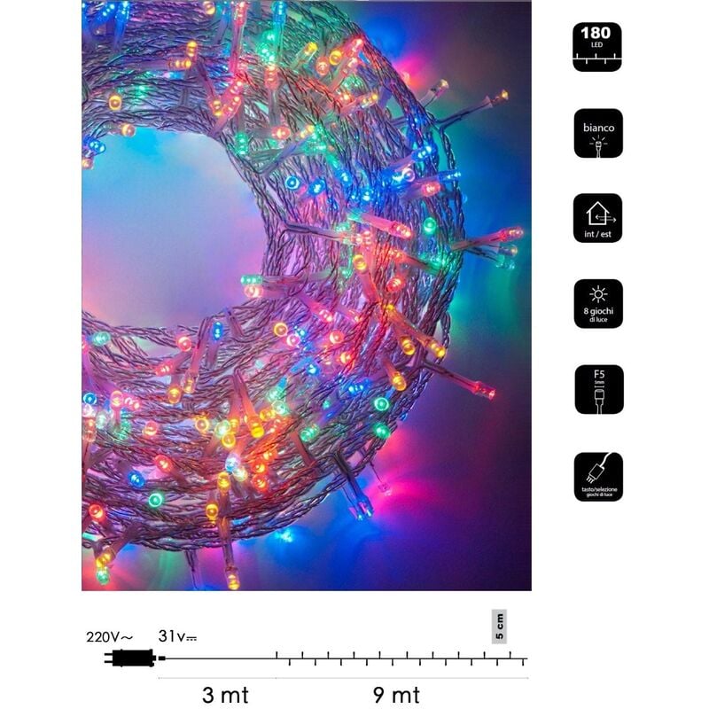 foto del prodotto catena luminosa led natale 180 led 9 mt cavo trasparente serie luminosa natalizie per esterno interno albero feste multicolore
