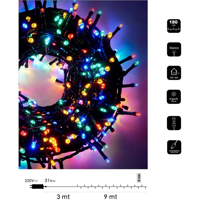 foto del prodotto catena luminosa led natale 180 led 9 mt serie luminosa natalizie cavo verde per esterno interno albero feste decorativa multicolore