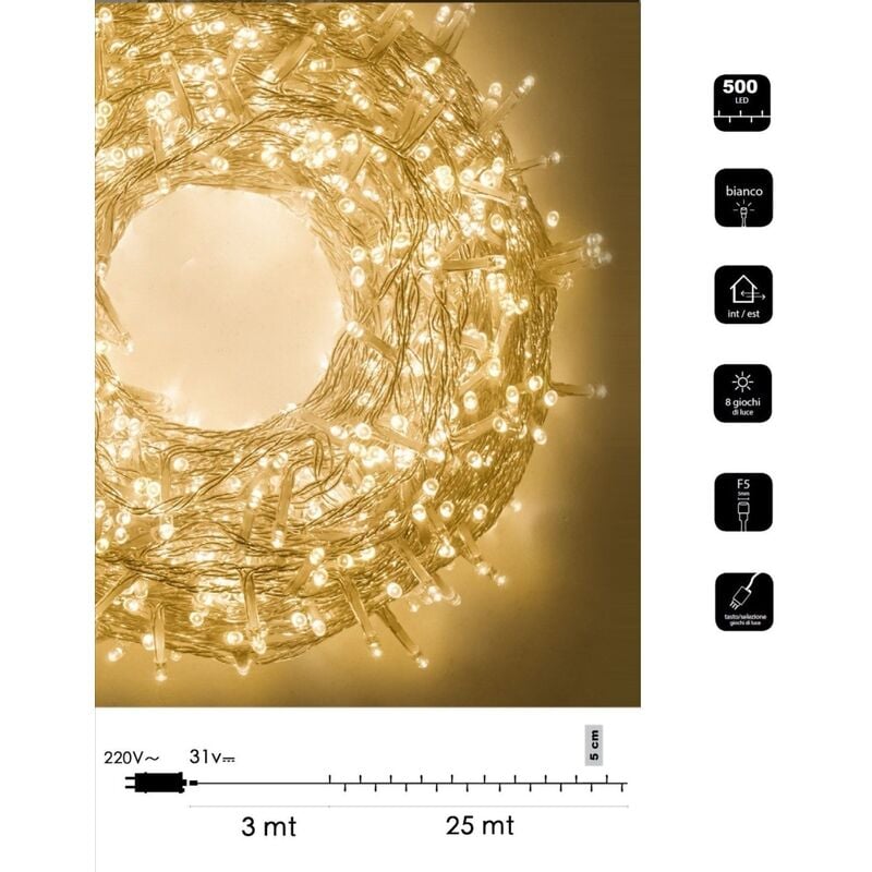 foto del prodotto catena luminosa led natale 500 led 25 mt cavo trasparente serie luminosa natalizie per esterno interno albero feste decorativa calda