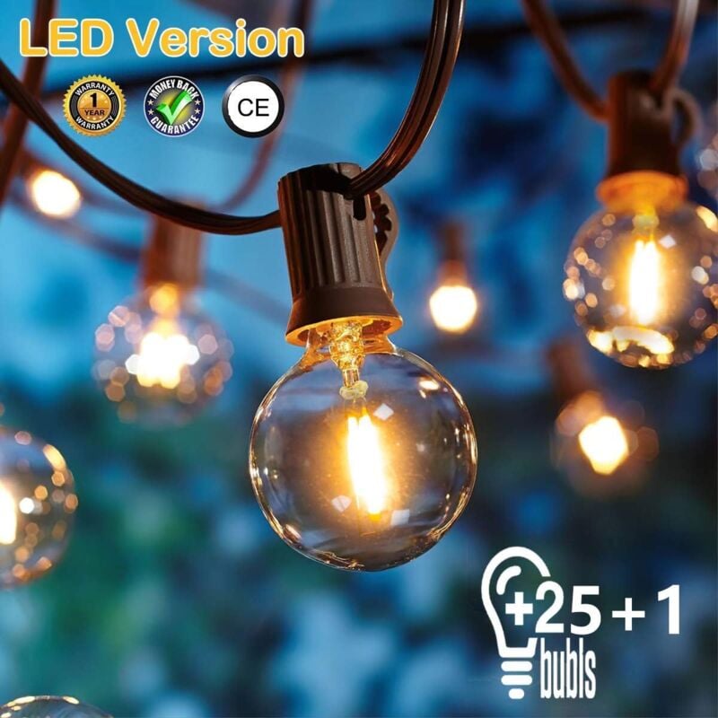 foto del prodotto catena luminosa per esterni, 26 led, 7,62 metri, 25 2 pezzi, decorazione per matrimonio, lampadina bianco caldo